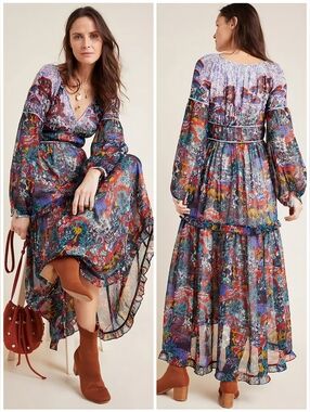 Anthro Maeve Long Sleeve Colorful Red Blue Dress, 0